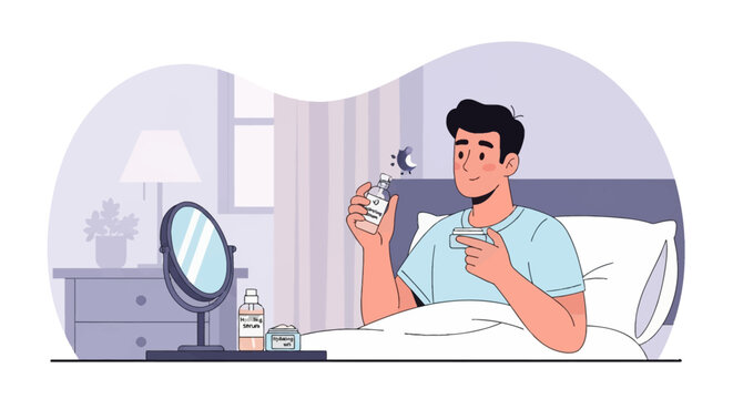 Vector illustration of a man sitting in bed performing a nighttime skincare routine, holding a hydrating serum bottle and cream jar with a mirror and cosmetics on a bedside table.