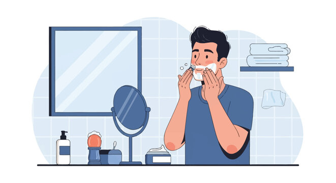 Vector illustration of a man in a bathroom applying white facial cream or shaving foam to his cheeks and chin, standing near a mirror with towels and skincare products nearby.