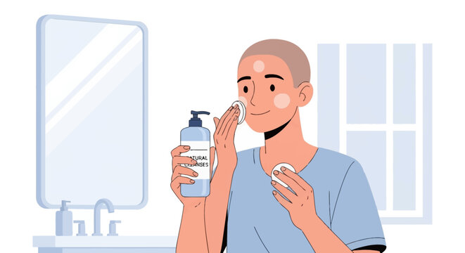 Vector illustration of a bald man applying natural cleanser with a cotton pad in a bathroom setting, featuring a mirror, sink, and minimalist blue and white aesthetic.