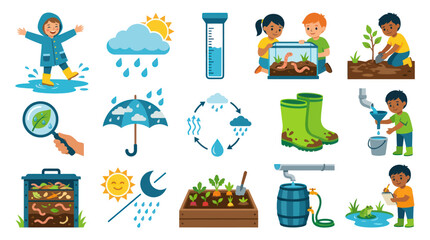 Fototapeta premium Children in Rain Boots Playing in Puddles, Science and Gardening Icons Flat Style