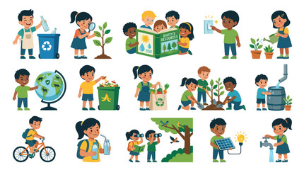 Fototapeta premium Diverse Kids Caring for Earth: Recycling, Planting, Solar Power, Water Conservation - Flat Style
