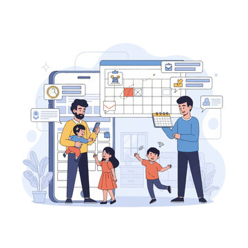 Modern vector illustration of two fathers managing family schedules via digital calendar and smartphone, featuring three children in a domestic living room setting.