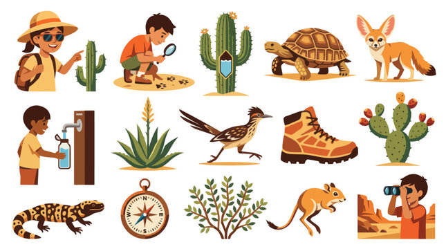 Desert Ecosystem Flat Vector Illustration Set: Animals, Plants, Kids, and Exploration Objects