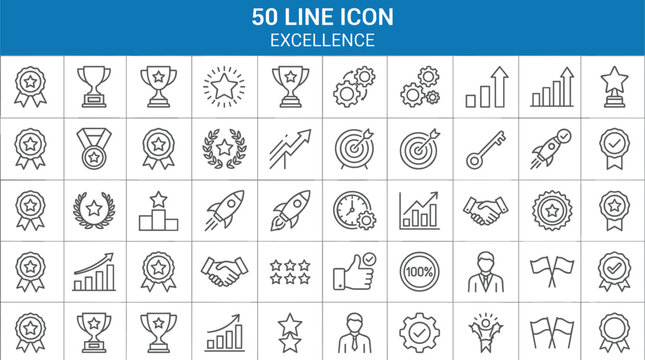 Business excellence and success line icon pack containing fifty trophies medals charts targets rockets and leadership achievement symbols