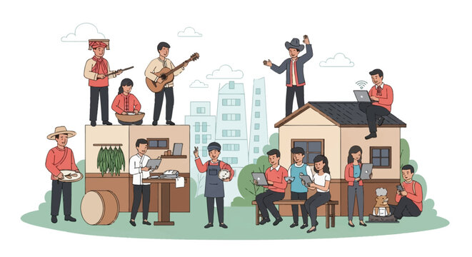 Vector illustration of people integrating cultural traditions with modern technology, using digital devices alongside folk art and music in a modern urban and rural landscape setting.