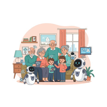 Multigenerational family with grandparents and children in a smart home living room with domestic assistant robots, tablets, and wireless connectivity flat vector illustration.