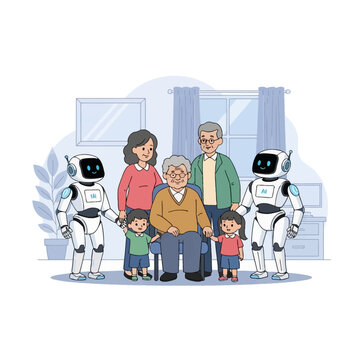 Flat vector illustration of a multigenerational family with grandparents, parents, and young children standing with two white AI service robots in a modern home living room setting.