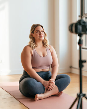 Woman sits cross-legged on a pink yoga mat