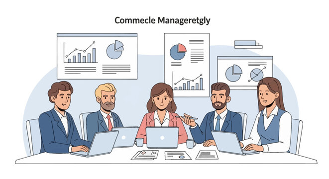 Multigenerational business team of professionals sitting at a conference table with laptops, analyzing financial data charts and graphs displayed on background wall panels in office.