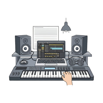 Vector illustration of a digital music production home studio featuring a hand playing a MIDI keyboard, laptop with DAW software, studio monitor speakers, headphones, and sheet music.