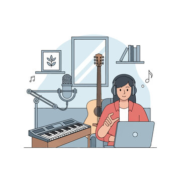 Vector illustration of a woman in a home studio using a laptop, headphones, condenser microphone on boom arm, acoustic guitar, and digital keyboard for music production or teaching.