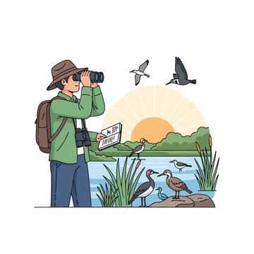 Illustration of a male birdwatcher wearing a hat and backpack, using binoculars to observe various water birds in a wetland environment at sunset while holding a field notebook.