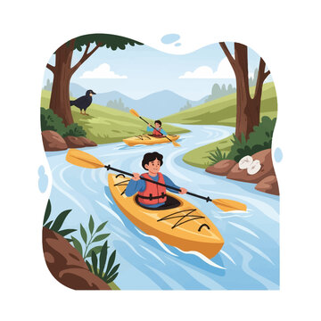 Flat vector illustration of two people paddling yellow kayaks on a winding blue river through a green forest valley with hills, wearing orange life jackets and blue shirts.