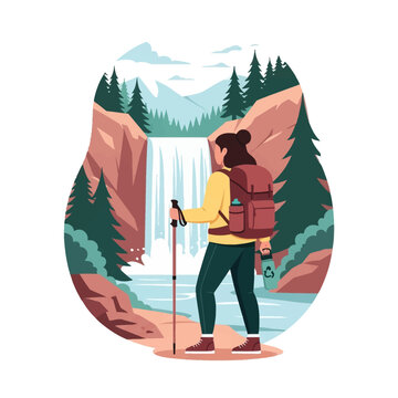 Flat vector illustration of a female hiker with a backpack and trekking pole standing by a river looking at a scenic waterfall surrounded by pine trees and mountains in nature.
