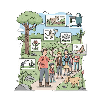 Vector illustration of a park ranger guide leading a diverse group of visitors on a nature trail with floating information panels showing local animal and plant species.