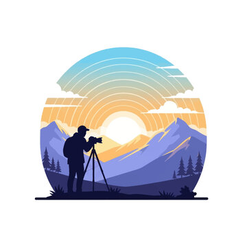 Silhouette of a nature photographer with a camera on a tripod in a mountain landscape during sunrise. Flat vector illustration with concentric circular sun rays and pine trees.