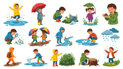 Fototapeta premium Happy Kids Playing in Rain, Puddles, Umbrellas, Nature Activities, Vector Art