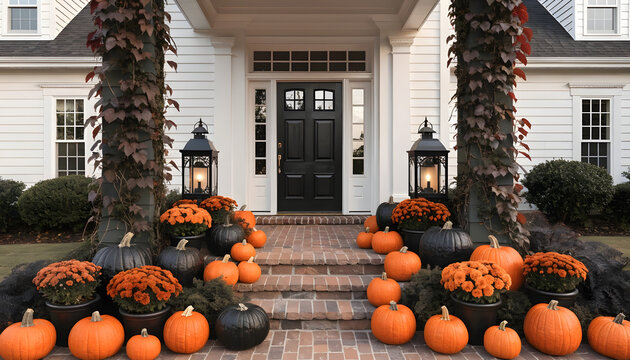 A house entrance with pumpkins and mums on the steps for fall decoration with a black door and white walls