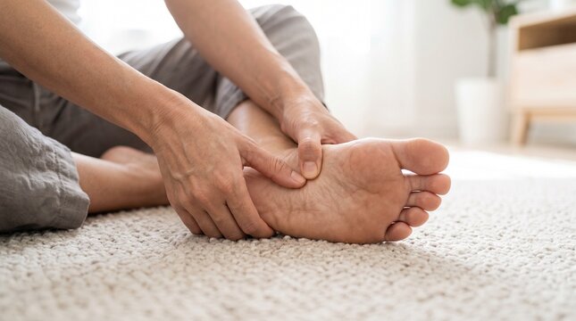A middle aged person experiences sharp foot pain and massages their sore sole with fingers while sitting on a soft rug in a bright room to relieve chronic physical discomfort.