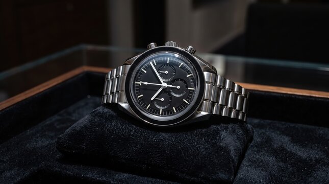 Stainless steel chronograph watch with black dial resting on black velvet pad in showroom display, angled close up emphasizing dial details and metal bracelet links