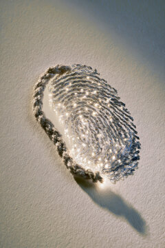 Fingerprint etched in sand, sunlit, crisp, stark