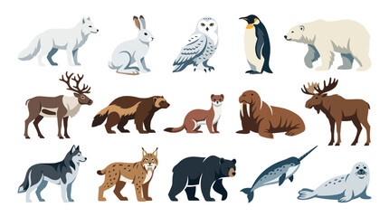 Obraz premium Flat Design Arctic Animals Vector Set. Wildlife Collection of Polar Mammals, Birds and Marine Creatures.