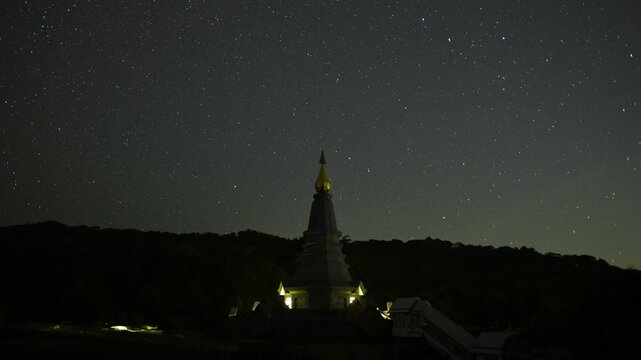 Starry night over mountain time lapse of stars in dark night sky.