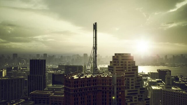 Hazy over New York City skyline, muted sunlight filtering through cloud, crane and highrises receding into soft distance, quiet industrial atmosphere