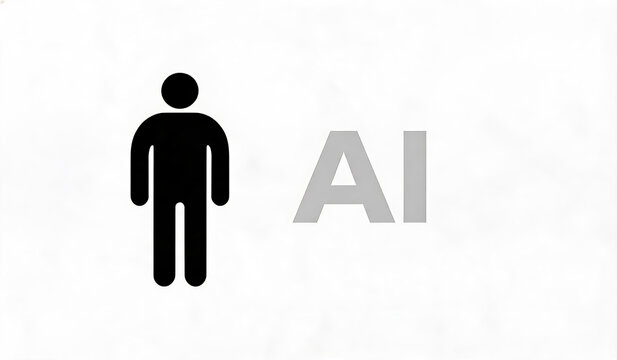 A minimalist graphic showing a black human silhouette and gray AI text placed side by side on a plain white background, representing the concept of human and artificial intelligence.