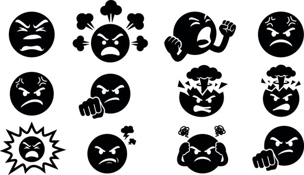 Set of angry emoticon icons, vector illustration of furious faces expressing rage, frustration, and aggression