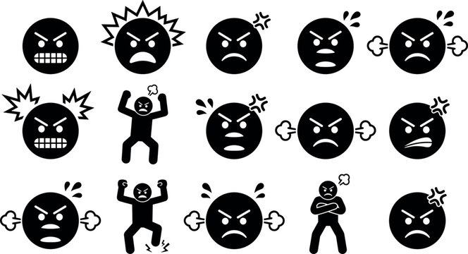 Set of angry emoticons and stick figures expressing rage, frustration, and fury