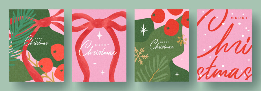 Merry Christmas greeting card Set. Modern beautiful Xmas design with typography, Christmas tree branches, elegant red ribbon, holly berry and snow pattern. Minimal art banner, poster, cover templates.