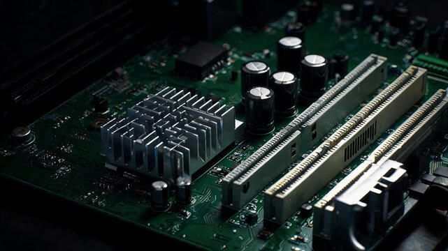 A detailed close-up view of electronic components mounted on a green printed circuit board, featuring a metallic heatsink and cylindrical capacitors.