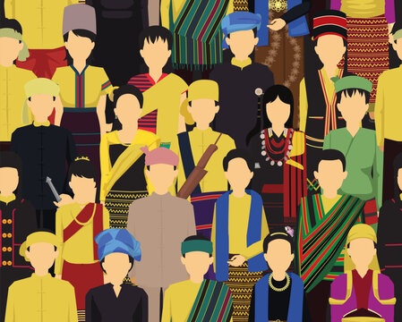 Indigenous Myanmar People Standing Front Seamless Pattern Background