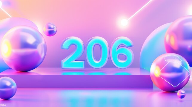 Futuristic Neon Number 206 with Colorful Spheres and Light Effects in Modern Digital Art Style