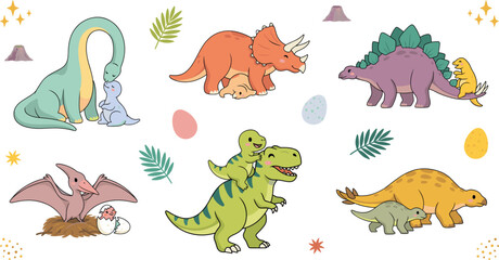 Cute Hand Drawn Mother and Baby Dinosaur Clipart Set Featuring T-Rex Triceratops and Brachiosaurus for Nursery and Kids Graphic Designs © Abul