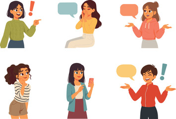 Fototapeta premium Young Women Communication Vector Character Set with Speech Bubbles Exclamation Marks and Smartphone Showing Various Emotional Poses for Social Media Designs