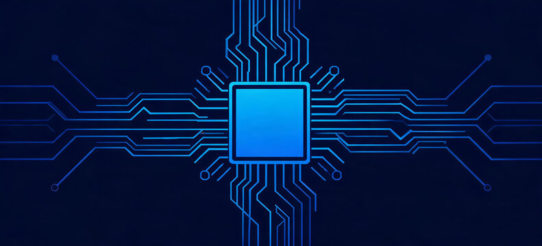 A central microchip connected by blue circuit traces, displayed on a dark digital background representing electronic technology.