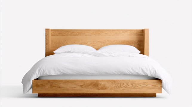 Modern solid wood bed frame with white bedding.