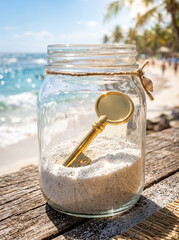 Fototapeta premium Decorative gold key in sand jar on sunny beach