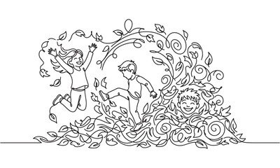 Fototapeta premium Continuous line of happy children playing and jumping in a large pile of autumn leaves, featuring swirling foliage patterns and joyful expressions in a minimalist style