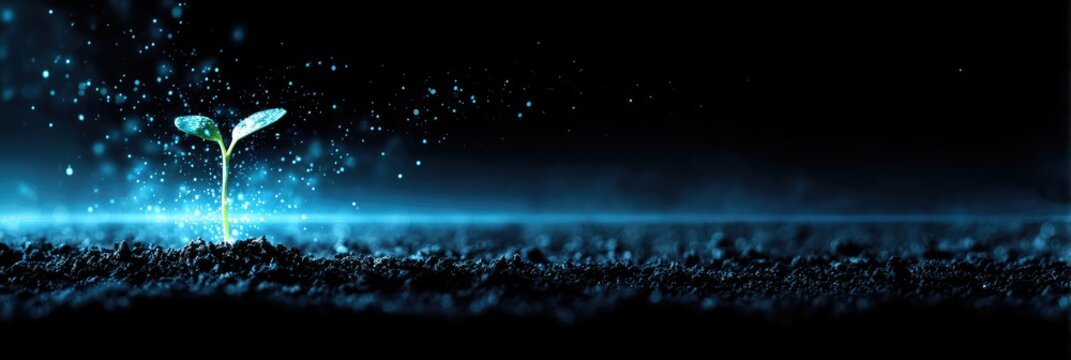 A small plant emerges from the dark soil, bathed in ethereal blue light