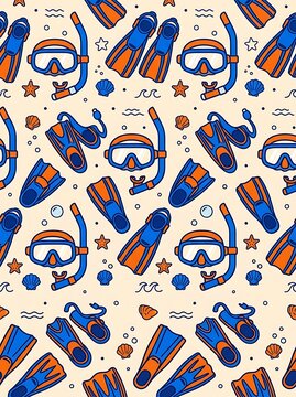 Snorkeling gear seamless pattern with masks and fins
