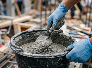 Mixing wet concrete mortar in black plastic bucket with trowel © VISUAL BACKGROUND