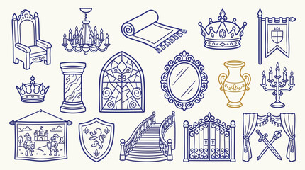 Obraz premium Collection of royal and medieval elements, including crowns, thrones, and architectural details, presented in a stylized line art.