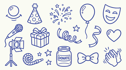 Fototapeta premium Collection of hand-drawn doodle icons representing celebration, performance, and giving, including party hats, fireworks, balloons, masks, microphones, gifts, and donation jars.