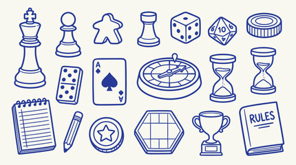 Collection of hand-drawn icons representing various board games and tabletop gaming elements. © zainab
