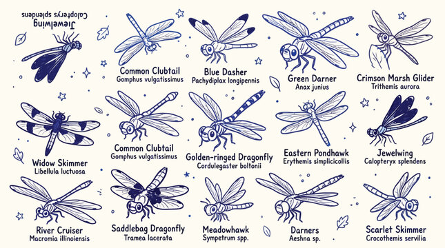 Collection of Dragonfly Illustrations with Scientific Names and Common Names.