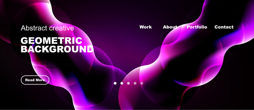 Dark background features vibrant purple waves. Text highlights geometric design, website navigation present. Simple button invites further exploration.