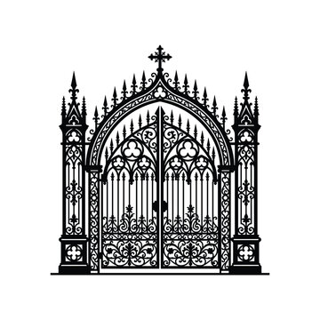 Gothic wrought iron gate with cross design, elegant black silhouette of vintage fence.